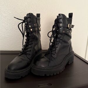 Stradivarius Black Leather Combat Boots with Gold Accents